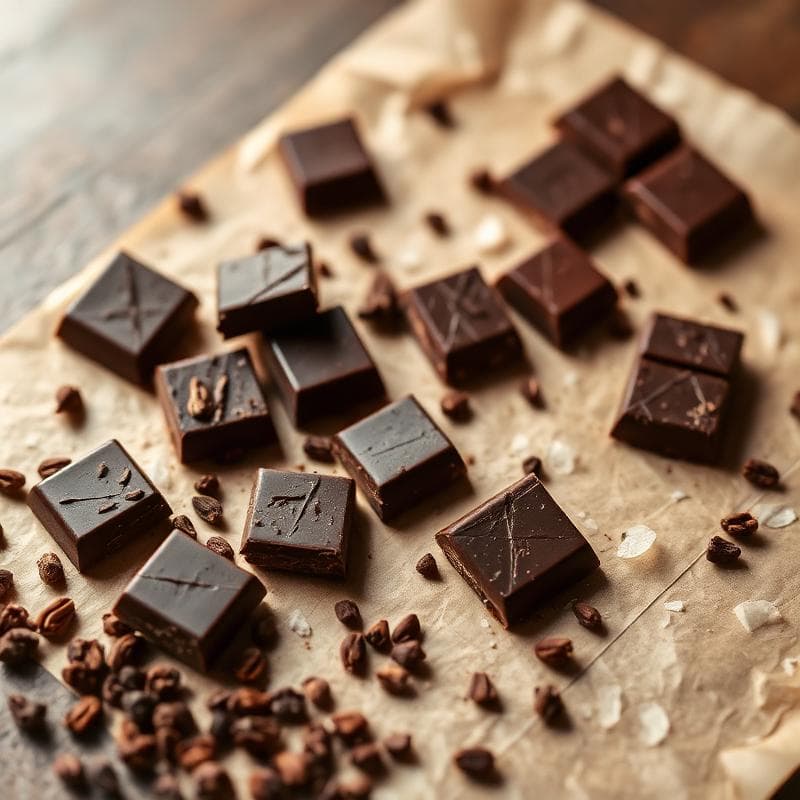 Stukken pure chocolade met cacaonibs