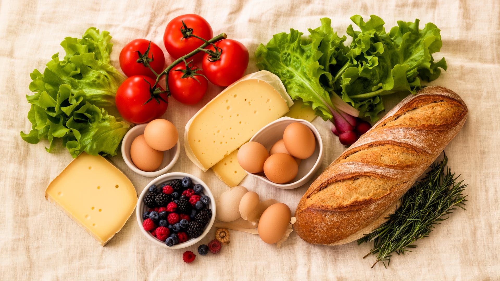 Verse Nederlandse boodschappen: tomaten, sla, eieren, kaas, brood en bessen